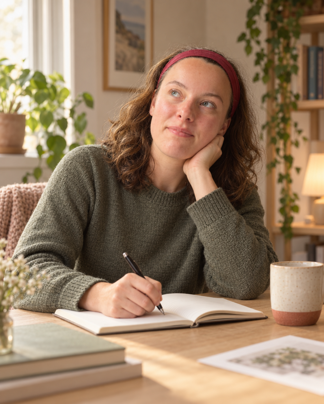 Grace writing thoughtfully in a notebook at home